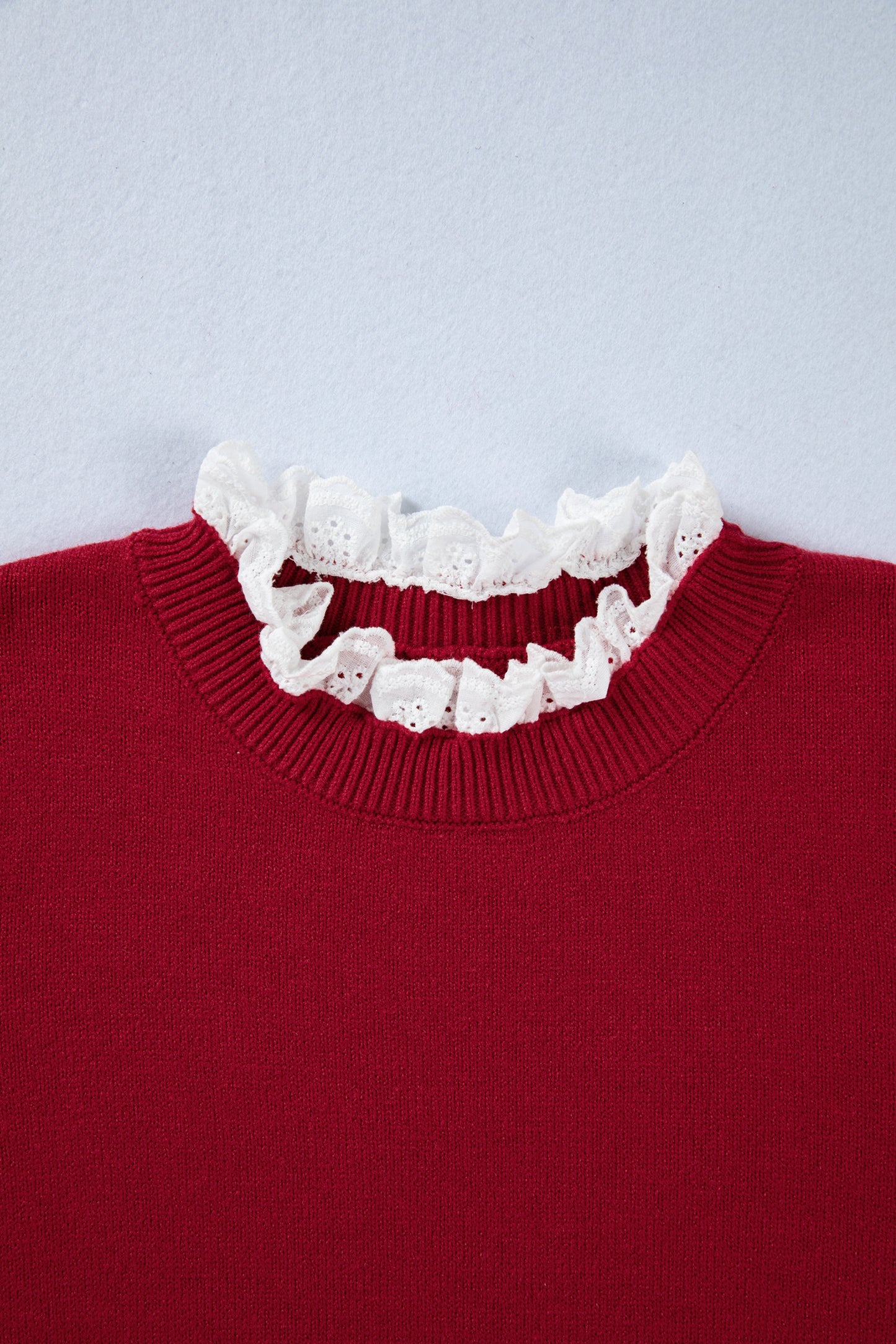 Racing Red Lace Trim Patchwork Buttoned Cuffs Loose Sweater