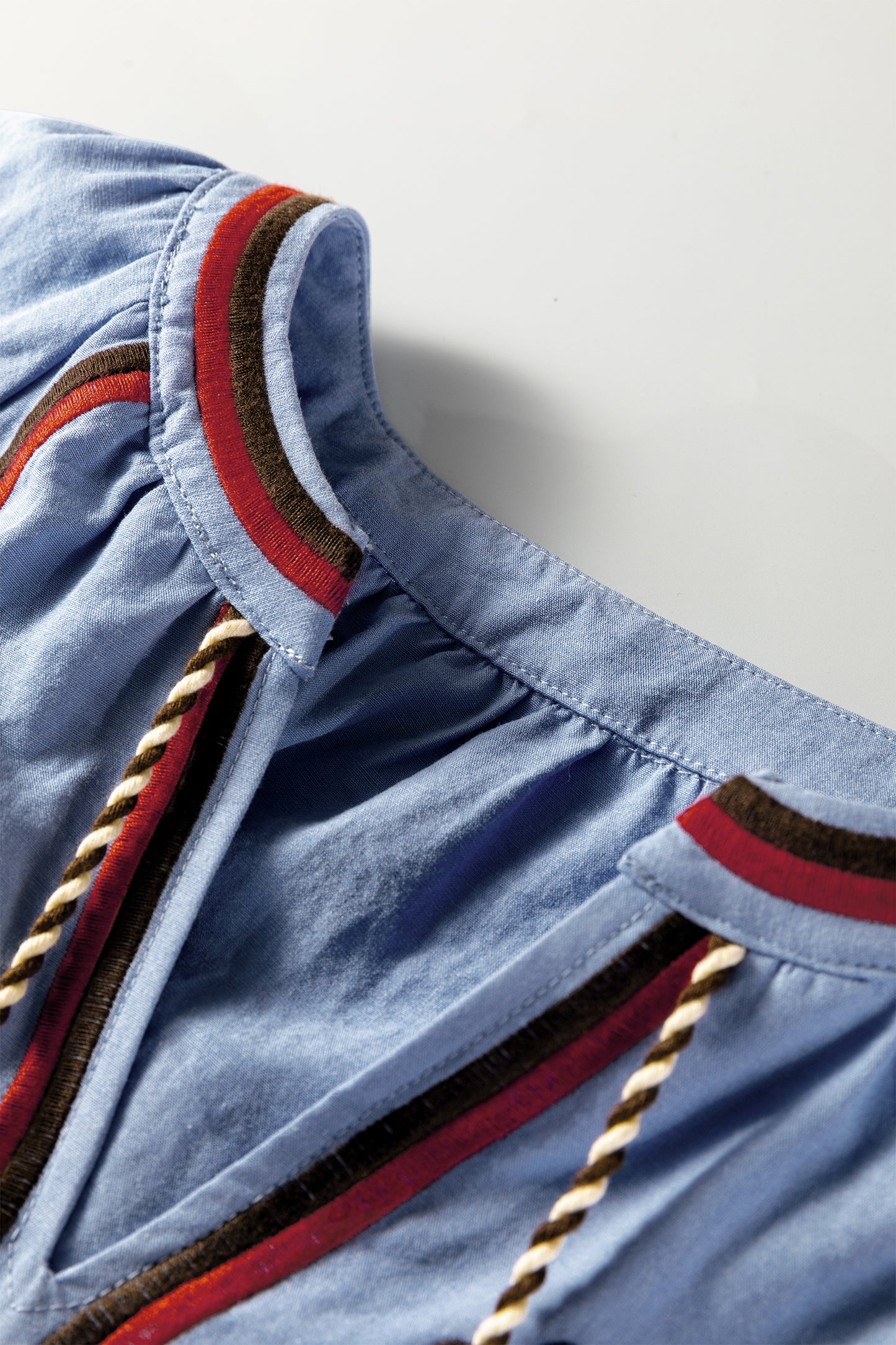 Real Teal Floral Embroidered Split Neck Tassel Tie Puff Sleeve Blouse