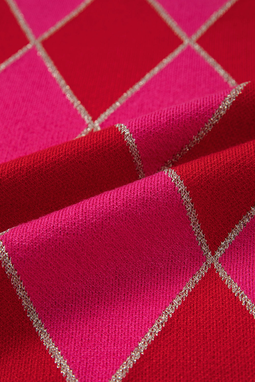 Rose Red Glitter Rhombus Pattern Knit Womens Casual Sweater