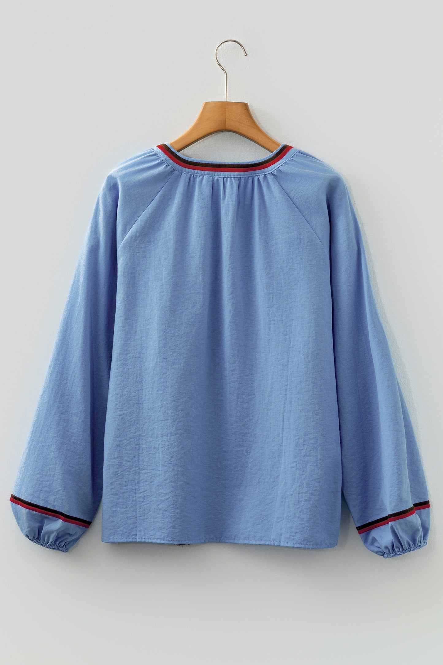 Real Teal Floral Embroidered Split Neck Tassel Tie Puff Sleeve Blouse