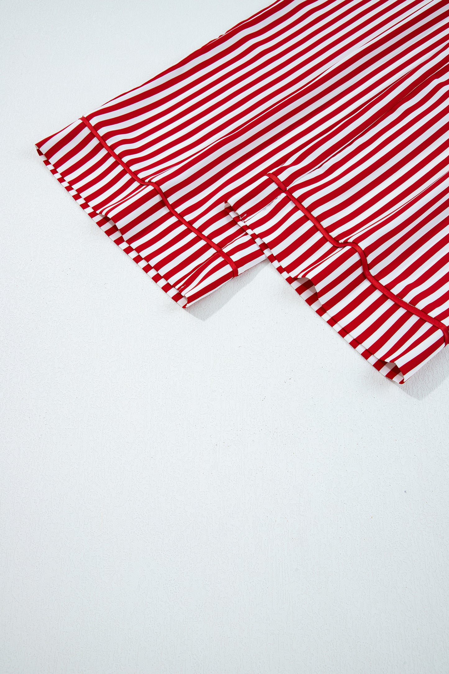 Red Stripe Contrast Velvet Trim Bow Knot Waist 2pcs Pajama Set