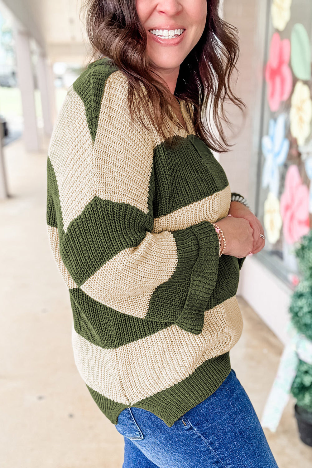 Green Stripe Colorblock Notched Neck Plus Size Sweater