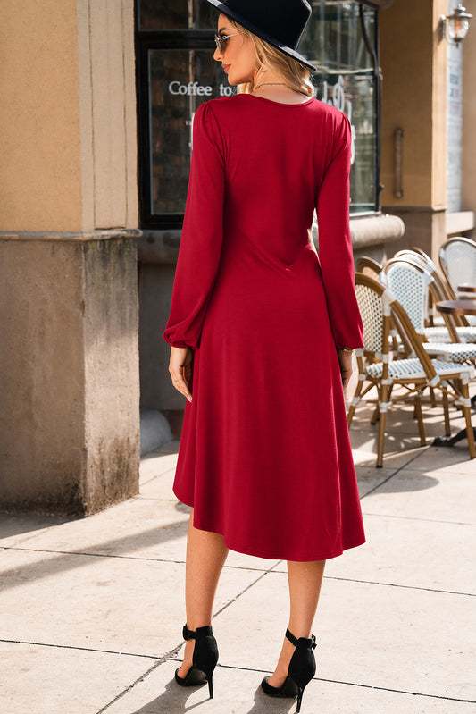 Fiery Red Solid Color Ruched Detail Long Sleeve Midi Dress