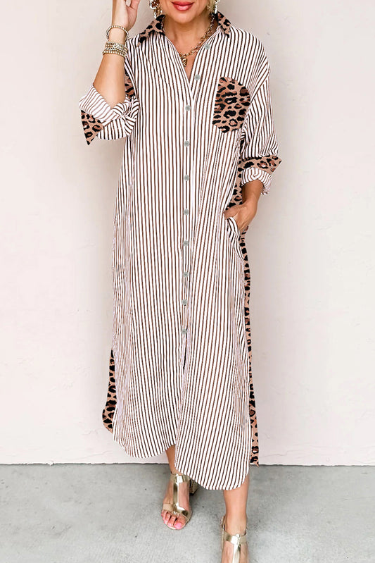 Brown Stripe Contrast Leopard Patchwork Long Shirt Dress with Slits
