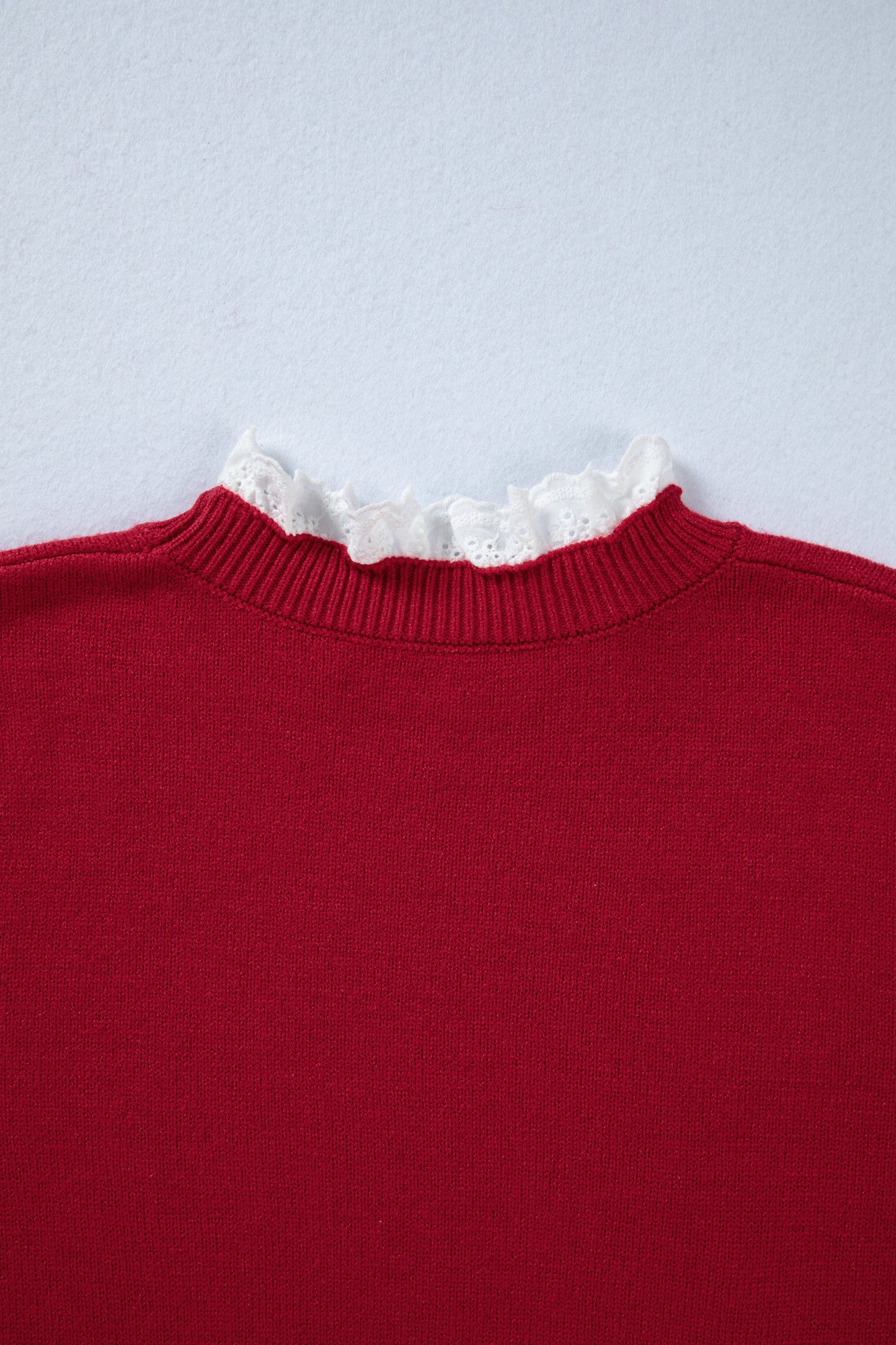 Racing Red Lace Trim Patchwork Buttoned Cuffs Loose Sweater