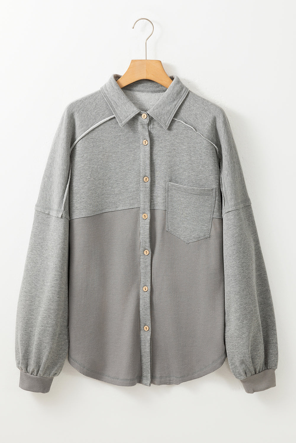Medium Grey Waffle Knit Patchwork Exposed Seam Loose Shacket