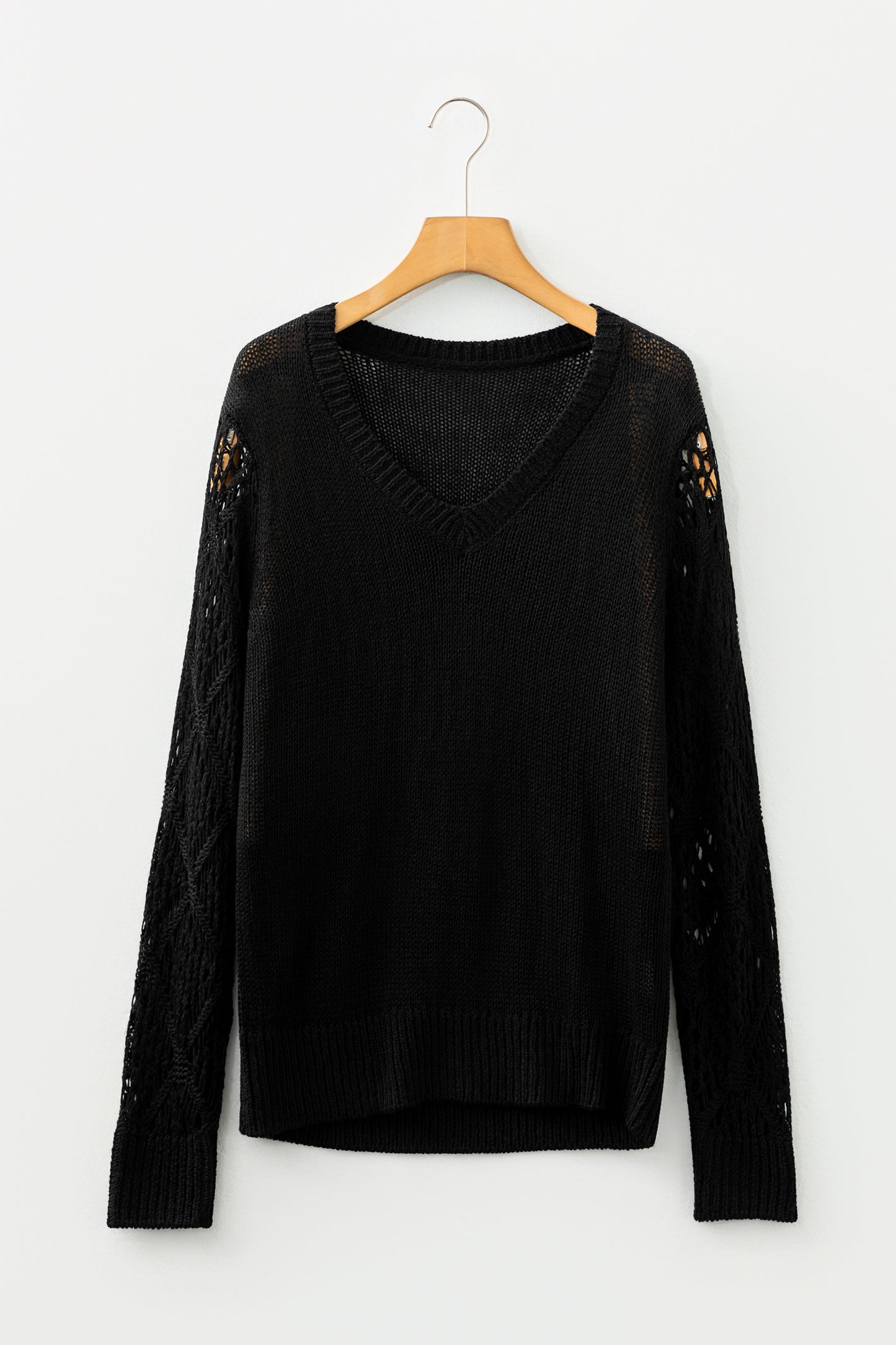Black Solid V Neck Pointelle Knit Sleeve Patchwork Sweater