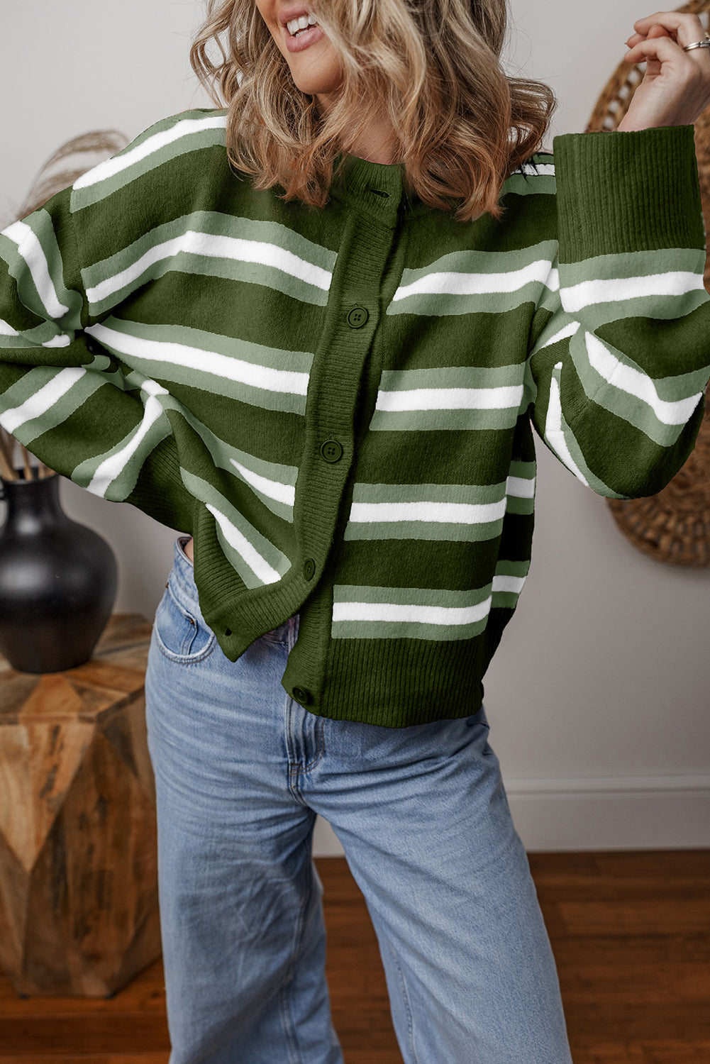 Green Stripe Drop Shoulder Buttons Cardigan Sweater