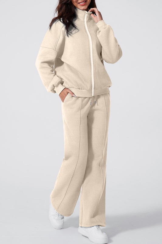 Beige Drop Shoulder Zip Up Jacket Drawstring Pants Active 2pcs Set